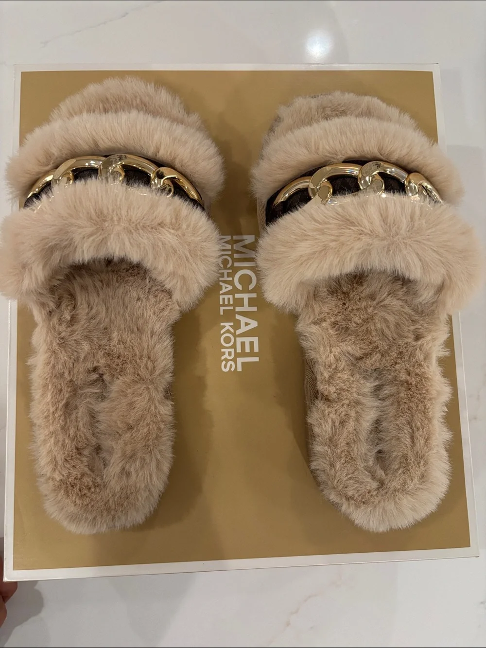 Michael Kors Tan Faux Fur Slide Sandals with Gold Chain Accent